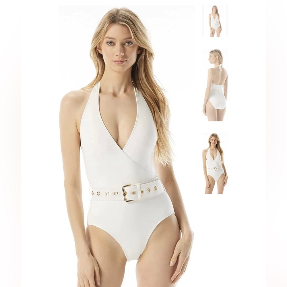 MICHAEL KORS SURPLICE BELTED HALTER ONE PIECE SWIMSUIT WHITE SIZE 14